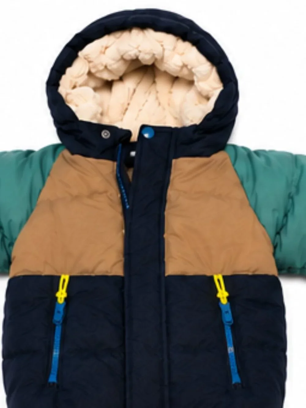 H&M Baby Color Block Hooded Puffer Winter Jacket Navy Teal Tan – Size 12–18 Mont